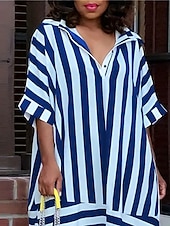 abordables Vestidos camiseros-Mujer Vestido Midi Vestido de Camisa Vestido informal Elegante Casual Vacaciones Diario Cita Holgado Raya Manga Corta Cuello Camisero Negro Rojo Azul Piscina Verano Primavera Otoño
