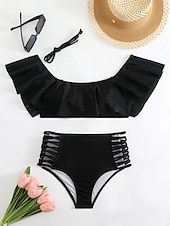 billiga Bikiniset-Dam Badkläder Bikini 2 st Kalsonger Baddräkt Volang Öppen rygg Smal Hög midja Semester Standkläder Ensfärgat Halterneck Kort ärm Baddräkter