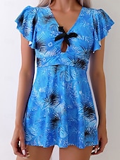 preiswerte Schwimmresse-Damen Bademode Schwimmdresses 2-teilig Cheeky Tankini Badeanzug Bauchkontrolle hohe Taille schlank Urlaub Strandbekleidung grafischer V-Ausschnitt ärmellose Badeanzüge
