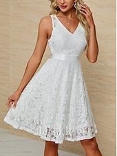 cheap Little White Dresses-Engagement Little Graduation White Dresses Wedding Dresses A-Line V Neck Sleeveless Knee Length Satin Bridal Gowns With Sash / Ribbon 2025