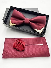 preiswerte Krawatten &amp;amp; Fliegen für Herren-Burgunderfarbenes Herren-Fliegenset mit Goldspitze, Einstecktuch und rosa Anstecknadel – elegante Accessoires für Hochzeiten, Partys und formelle Anlässe