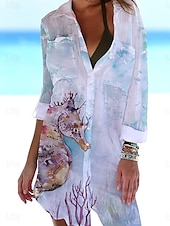 billiga Hawaiianska klänning-Kvinnors Mini Klänning Skjortklänning Täcka Upp Strandmode Mini Klänning Pockettryck Mode Avslappnat Fisk Vikbar 3/4 Längd Ärmar Lång Passform Utomhus Daglig Vit Blå 2023 Sommar Vår S M L XL