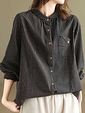 voordelige Overhemden-Dames Overhemd Katoenen linnen overhemden Knoop omhoog Blouse Gestreept Stijlvol Casual Lange mouw Overhemdkraag Normale tops Dagelijks Knop Afdrukken Zwart Wit Zomer Lente Herfst