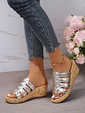 abordables Sandales Décontractées-sandales compensées dorées à lanières pour femmes avec semelle en imitation liège – chaussures d&#039;été élégantes pour les tenues décontractées et de plage