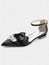 preiswerte Halbformell-weiße Satin-Pumps mit spitzer Spitze, Strass-Schleife und Fesselriemchen – perfekte Brautschuhe für Hochzeiten
