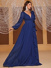 cheap GREEN-A-Line Evening Gown Elegant Dress Formal Wedding Floor Length Long Sleeve V Neck Chiffon with Ruffles Shouder Flower