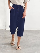 cheap Plain Cotton Linen Pant-Women&#039;s Cotton Linen Pants Chinos Fashion Streetwear Calf-Length High Waist Plain Pocket Elastic Waistband Comfy Soft Comfortable Micro-elastic Outdoor Street Navy-blue White Summer Spring Regular Fit