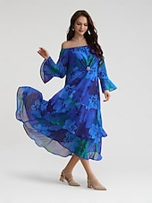 economico Abiti floreali-Abito maxi a maniche lunghe a maniche lunghe con spalle scoperte floreali blu royal per invitati al matrimonio in chiffon