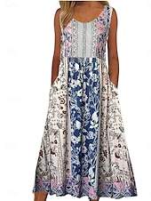 olcso Bohém ruhák-Női Midi ruha hétköznapi ruha Boho ruha Elegáns Szüret Stílusos Vakáció Napi Normál Grafika Ujjatlan Terített nyak Fekete Medence Szürke Világoskék Nyár Tavasz