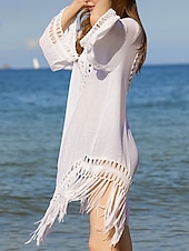 preiswerte Strandkleider-Damen Badeanzug Zudecken Schwimm-Kleid Bademode Fransensaum Ausgeschnitten Urlaub Strandbekleidung Glatt Langarm Badeanzüge
