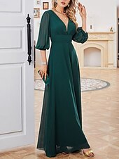 economico Abiti da damigella-Abito da damigella d’onore A-Line scollatura a V maniche di lunghezza 3/4 elegante lunghezza pavimento in chiffon  spandex con drappeggi  arricciature  colore solido