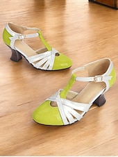 voordelige jaren 30-dameslavendel en zilveren t-band pumps met hak, uitsparingen en middelhoge hak voor elegante dansfeesten en formele gelegenheden