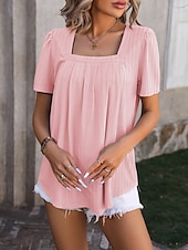 cheap T-shirts-Women&#039;s Boho T-shirt Plain Bohemia Stylish Basic Short Sleeve Puff Sleeve Square Neck Regular Tops Daily Going out Weekend Dressy Tunic Black White Light Green Pink Royal Blue Summer