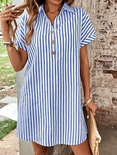 cheap Stripe&amp;Geometric Dress-Women's Midi Dress Shirt Dress Stylish Casual Vacation Daily Regular Fit Stripe Short Sleeve Shirt Collar Black Blue Summer