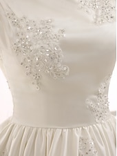cheap Little White Dresses-Engagement Little Graduation White Dresses Wedding Dresses A-Line Boat Neck Sleeveless Tea Length Satin Bridal Gowns With Pleats Appliques