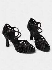 abordables Chaussures de danses latines-sandales de danse latine ornées de strass avec bout ouvert et design à lanières pour femmes - parfaites pour la salsa et les spectacles