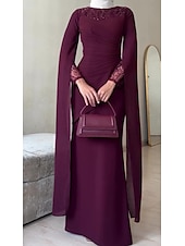 abordables violet-Robe de soirée fourreau  colonne robe élégante formelle invité de mariage longueur sol à manches longues col rond crêpe extensible avec broderie 2025