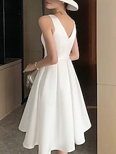 economico Abiti bianchi-Robe da laurea bianche boho abiti da sposa abito a-line scollo a V senza maniche lunghezza al ginocchio in jersey completi da sposa abiti da sposa con cintura  nastri