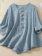 abordables Chemises-Femmes Chemise Chemisier Chemises en coton et lin Couleur Unie Basique Occasionnel Manche 3/4 Col ras du cou Hauts Réguliers Quotidien Boutons Rose Claire Bleu Été