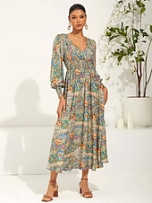 abordables Robes de vacances-Femme Robe Maxi Robe ethnique Robe Évasée Elégant mode Vacances Ample Graphic Cachemire manche longue Col V Vert Eté Printemps