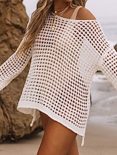 cheap Beach Dresses-Women&#039;s Swimwear Cover Up Beach Dresses Swimsuit Lace Cut Out Vacation Beach Wear Plain Long Sleeve