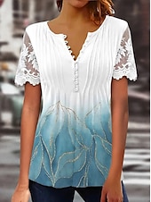 cheap Boho tee-Women&#039;s Lace Splicing Top Graphic Flowers Elegant Bohemia Fashion Short Sleeve Flutter Sleeve Round Neck Regular Tops Daily Weekend Vacation Wear Lace Patchwork Print White Light Green Navy Blue Blue