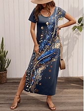 levne Šaty umění a designu-Dámské maxi šaty casual šaty sundress shift šaty stylové casual dovolená denní regular fit květinové krátký rukáv crew neck modrá jaro podzim