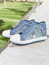 economico Sneakers da donna-sneakers alte in tela con lacci blu da donna con pannelli in rete ricamati, design a pois per abbigliamento casual e outdoor