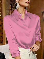 billige Dressy topper-Dame Skjorte Bluse Helfarge عادي Forretning Grunnleggende Moden Langermet Skjortekrage Vanlige topper Arbeid Avslappet Daglig Knapper Hvit Gul Lysegrønn Rød Fuksia Vår &amp; Vinter