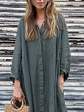 preiswerte Kleider aus Baumwolle und Leinen entwerfen-Damen Maxikleid Baumwoll-Leinen-Kleider Hemdblusenkleid Freizeitkleid Maxikleid aus Baumwolle Basic Lässig Urlaub Täglich Normale Passform Einfach Langarm Hemdkragen Dunkelgrün Aprikose Grau Sommer