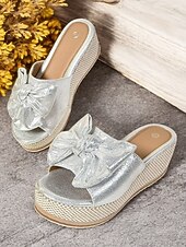 Недорогие Женские сандалии-босоножки на танкетке с золотистым металлическим бантом для женщин - гламурные босоножки на платформе для повседневных летних прогулок