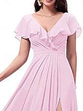 cheap Bridesmaid Dresses-A-Line Bridesmaid Dress V Neck Short Sleeve Elegant Floor Length Chiffon with Split Front 2022