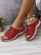 cheap Comfort Sandals-Women&#039;s Red Slip-On Sandals with Cut-Out Design, Comfortable Sole and Casual Style for Summer Wear and Daily Outings
