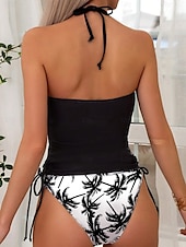 billiga Bikiniset-Damernas badkläder tankini 2 del nedsänkt baddräkt utan rygg semester strandkläder blad halterneck ärmlös baddräkter