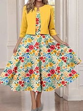 levne květinové šaty-Dámské midi šaty dvoudílná souprava šatů tištěná šaty elegantní vintage květinový potisk 3/4 délka rukávu kulatý výstřih každodenní žluté jaro podzim běžný střih