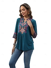 billige Boho topper-Dame Boho skjorte Elegant Bohem Daglig Helfarge Blomstret Vanlige topper 3/4 ermer 3/4-ermer V-hals Broderi Løstsittende Arbeid Daglig Ut på byen Svart Grønn Sommer
