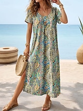 billiga Boho klänningar-Kvinnors Maxi Klänning Casual Klänning T Shirt Klänning Tee Klänning Sundress Bohemia Date Regular Fit Geometrisk Paisley Kort Ärmar Crew Neck Grön Sommar