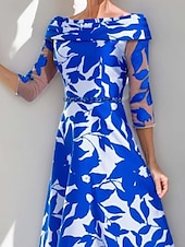 billiga Golvlängd-A-linjeformad klänning Brudens mor Klänning Elegant Enkel Båt hals snitt Tea-längd Satin 3/4-lång ärm med blommigt tryck Plisseringar Derbyklänning Raceday Klänning Bröllopsgästklänning 2025
