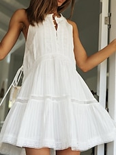 abordables concevoir des robes en coton et lin-Femmes Mini Robe Robes inspirées du lin Robe Décontractée Robe évasée Robe débardeur Basique Occasionnel Vacances Quotidien Coupe régulière Uni Sans manches Col ras du cou Blanche Été