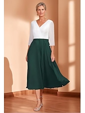 preiswerte Teelänge-Kleid für die Mutter der Braut, Strandhochzeit, A-Linien-Kleid mit Falten, elegant, schlicht, V-Ausschnitt, wadenlang, Chiffon, 3/4-Ärmel, mit Spitze, einfarbig, 2025
