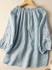 economico Camicie-Per donna Camicia Camicie ispirate al lino Blusa Tinta unica Elegante Casual Manica 3/4 Scollo a V Top Regolari Quotidiano Volant Ricamato Bottoni Bianco Blu Estate Primavera Autunno