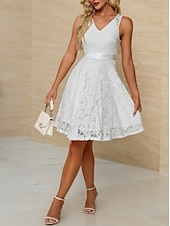 cheap Little White Dresses-Engagement Little Graduation White Dresses Wedding Dresses A-Line V Neck Sleeveless Knee Length Satin Bridal Gowns With Sash / Ribbon 2025