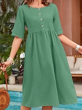 preiswerte Kleider-Damen Langes Kleid Maxikleid Baumwoll-Leinen-Kleider Freizeitkleid Basic Lässig Urlaub Täglich Normale Passform Einfach Kurzarm Rundhalsausschnitt Marineblau Grün Khaki Sommer