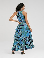 economico Abiti floreali-Per donna Vestito in Chiffon Abito maxi Blu Viola Senza Maniche Floreale Volant Stampa Primavera &amp; Estate Il giro Abito a Fantasia XS S M