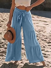 economico Pantaloni in lino e cotone semplici-Per donna Pantaloni in cotone e lino Chinos Leggings Moda Streetwear Lunghezza intera Vita Alta Semplice Fascia Elastica Comodo Morbido Confortevole Micro-elastico All&#039;aperto Streetwear Bianco Blu