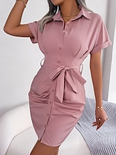 ieftine Rochii Business-Pentru femei Rochie Mini Rochii Tip Cămașă Rochie casual Rochie de vară Stilat Casual Vacanță Zilnic Dată Fit regulat Simplu Manșon scurt Rever Roz Îmbujorat Roșu-aprins Albastru piscină Var