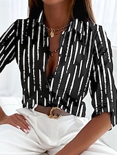 economico Top a Righe e Geometrici per Donne-Camicia da donna Basic a righe con bottoni stampa maniche lunghe maglie regolari colletto casual nera bianca primavera autunno
