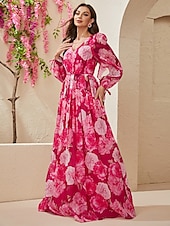 abordables Longueur du plancher-Robe A-Line Invité de Mariage Mère de la Mariée Élégante Cache Ventre Col en V Longue en Chiffon Manches Longues avec Fleur Robe Invité de Mariage