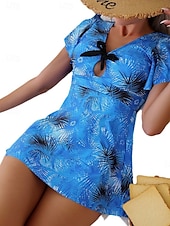 preiswerte Schwimmresse-Damen Bademode Schwimmdresses 2-teilig Cheeky Tankini Badeanzug Bauchkontrolle hohe Taille schlank Urlaub Strandbekleidung grafischer V-Ausschnitt ärmellose Badeanzüge