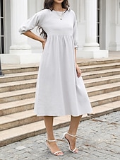 cheap White Casual Dresses-Women&#039;s Midi Dress Casual Dress A Line Dress Stylish Basic Casual Vacation Daily Regular Fit Plain 3/4 Length Sleeve Crew Neck White Green Summer Spring